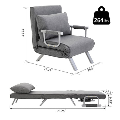 Light Grey 73 Single Person Folding 5 Position Convertible Sofa Bed with Pillow and Steel Frame for Home Office