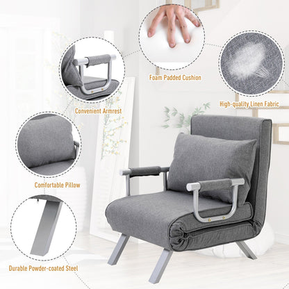 Light Grey 73 Single Person Folding 5 Position Convertible Sofa Bed with Pillow and Steel Frame for Home Office
