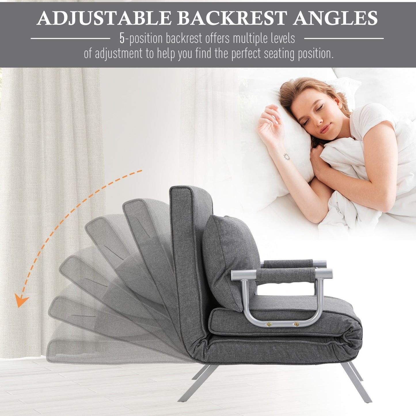 Light Grey 73 Single Person Folding 5 Position Convertible Sofa Bed with Pillow and Steel Frame for Home Office