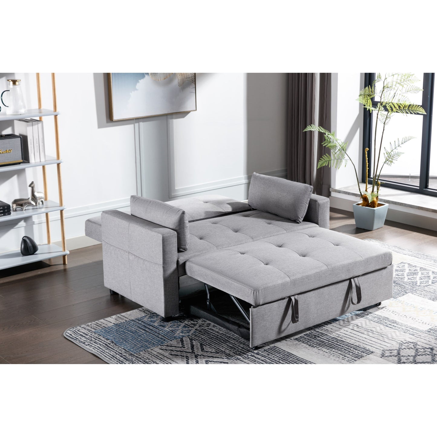 Light Grey Linen Loveseat Convertible Sofa Bed with Side Pocket