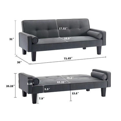 Light Grey Modern 71.65 Convertible 3-seater Futon Sofa Bed with Solid Wood Legs and Pillows for Living Room