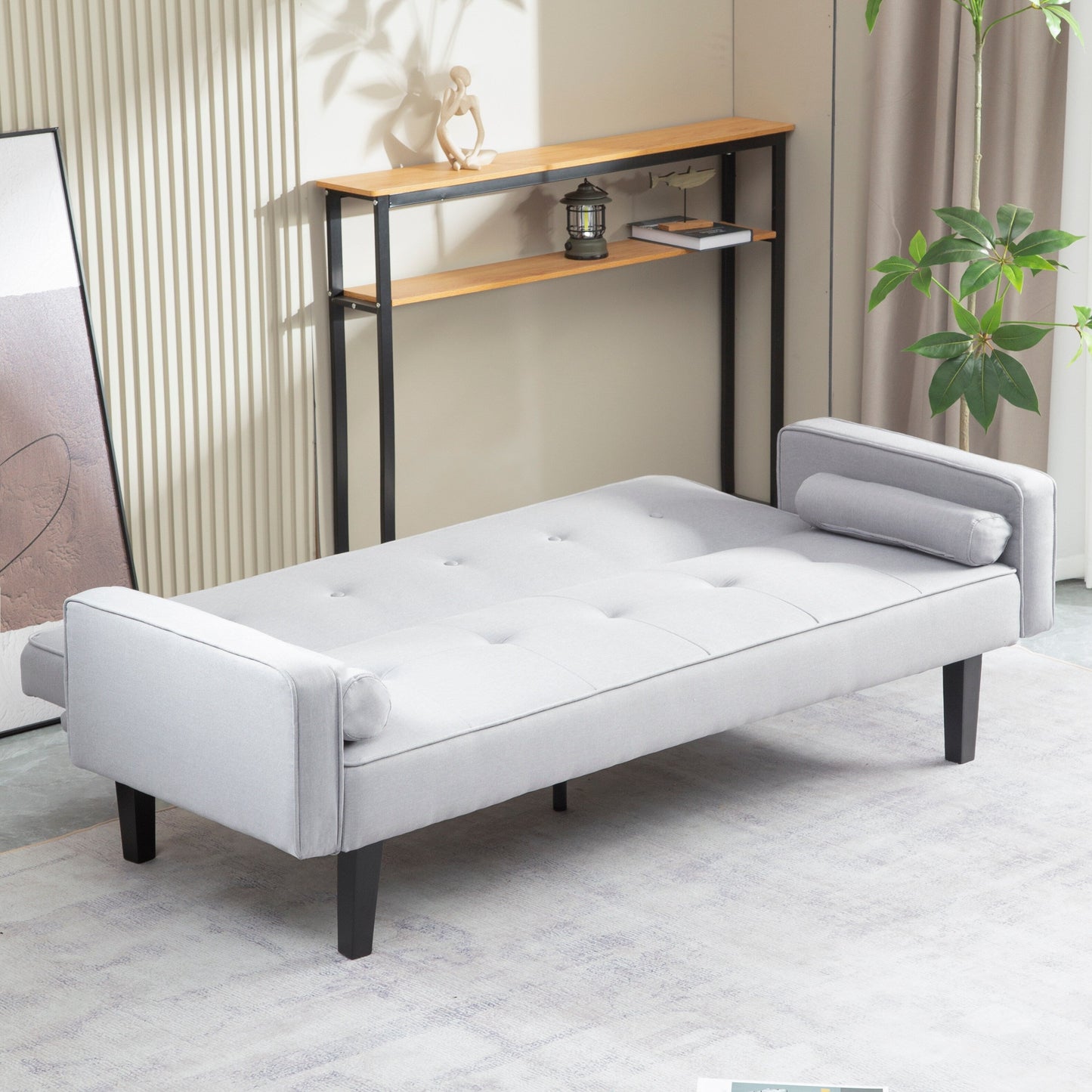 Light Grey Modern 71.65 Convertible 3-seater Futon Sofa Bed with Solid Wood Legs and Pillows for Living Room
