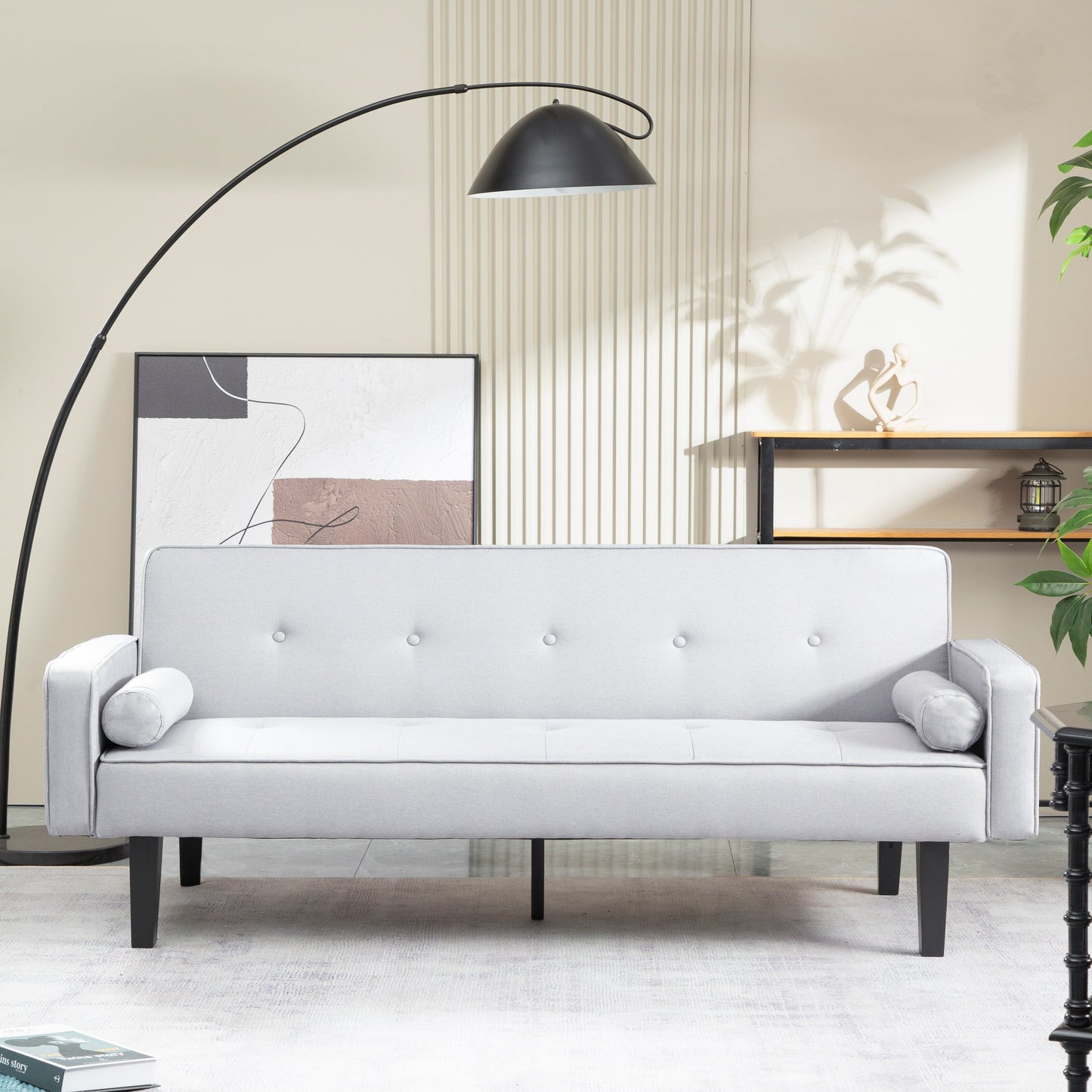 Light Grey Modern 71.65 Convertible 3-seater Futon Sofa Bed with Solid Wood Legs and Pillows for Living Room