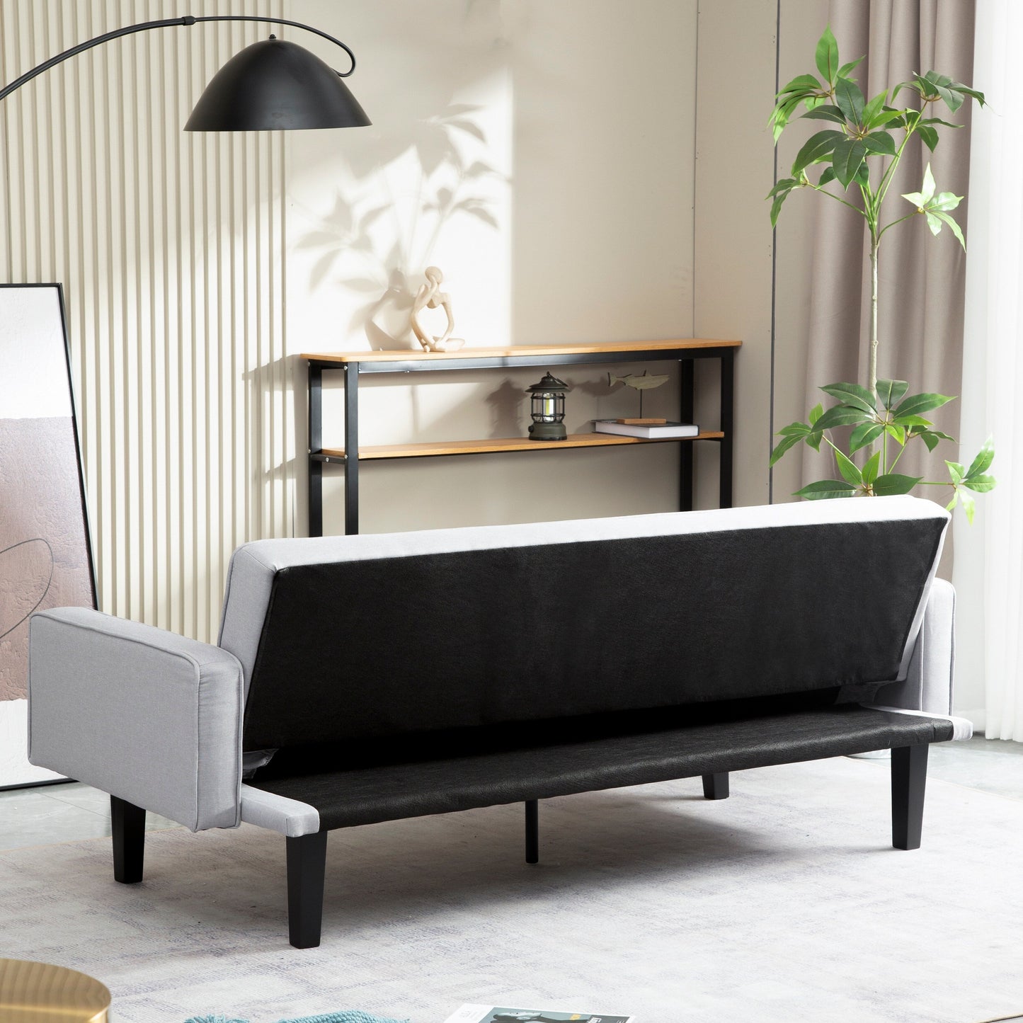 Light Grey Modern 71.65 Convertible 3-seater Futon Sofa Bed with Solid Wood Legs and Pillows for Living Room