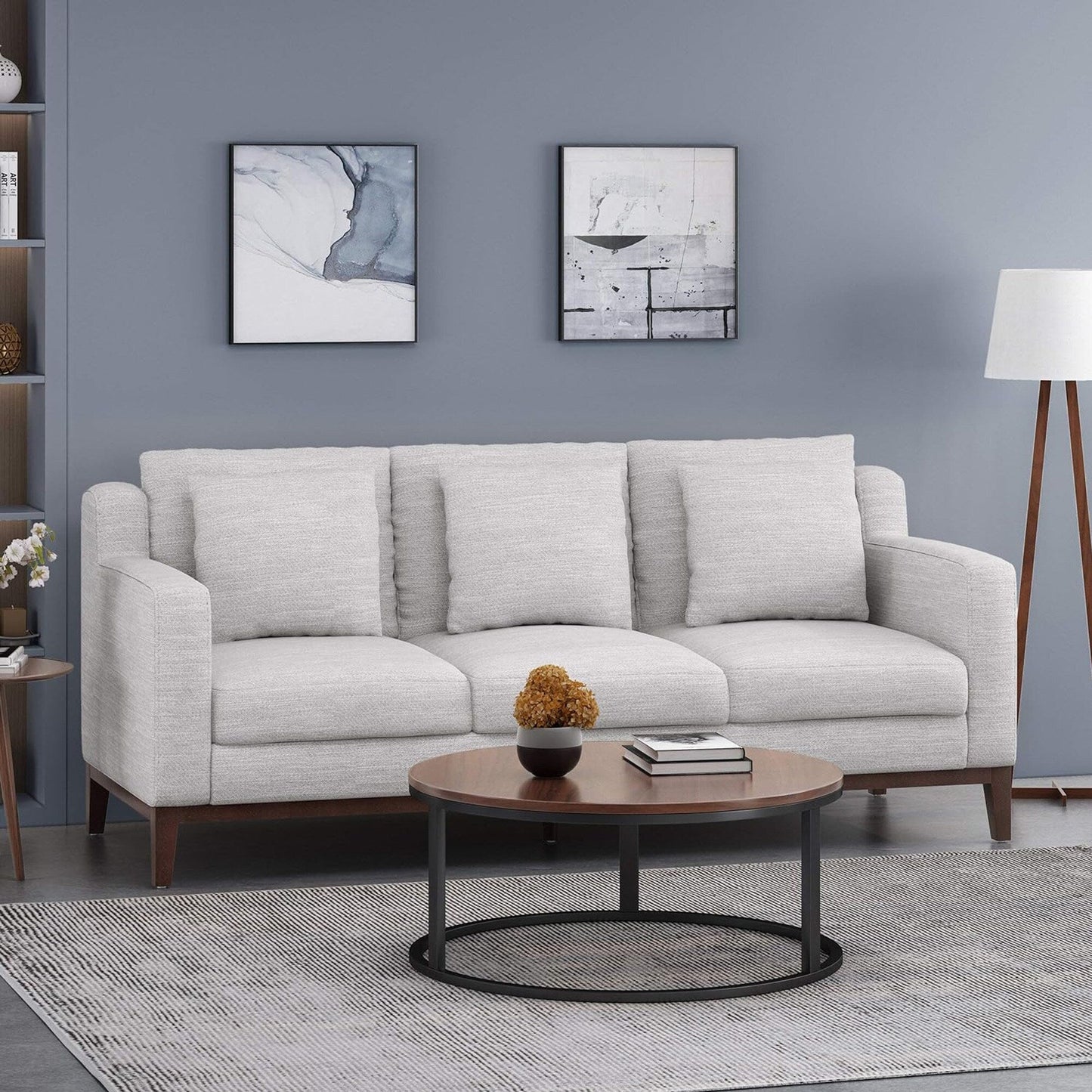 Light Grey Modern 80 3-seater Sofa with Wood Legs and Matching Pillows for Living Room