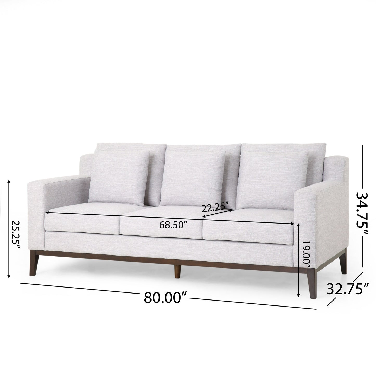 Light Grey Modern 80 3-seater Sofa with Wood Legs and Matching Pillows for Living Room