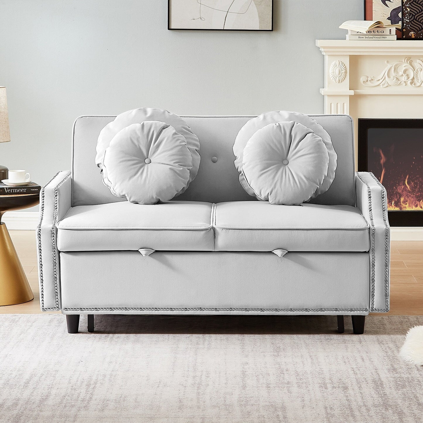 Light Grey Polyester Loveseat Adjustable Sofa Bed with USB Ports