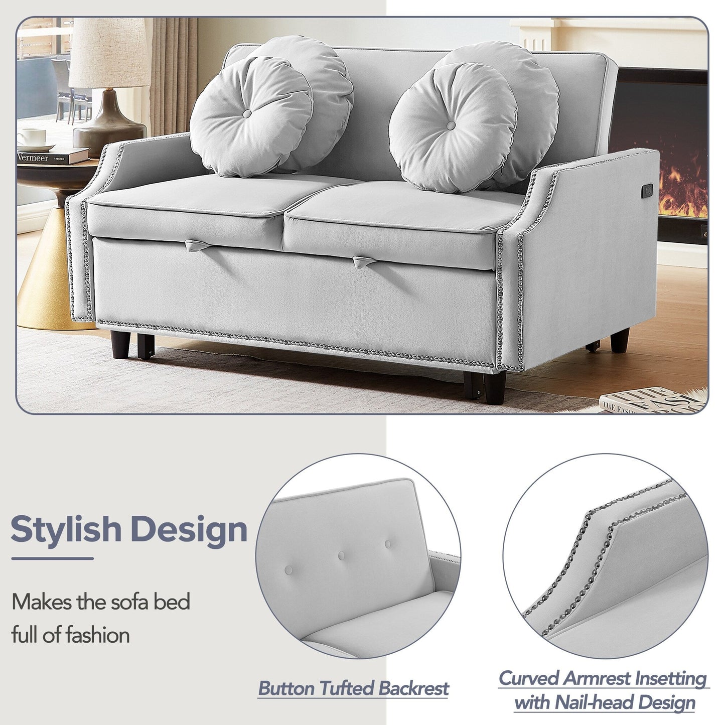 Light Grey Polyester Loveseat Adjustable Sofa Bed with USB Ports