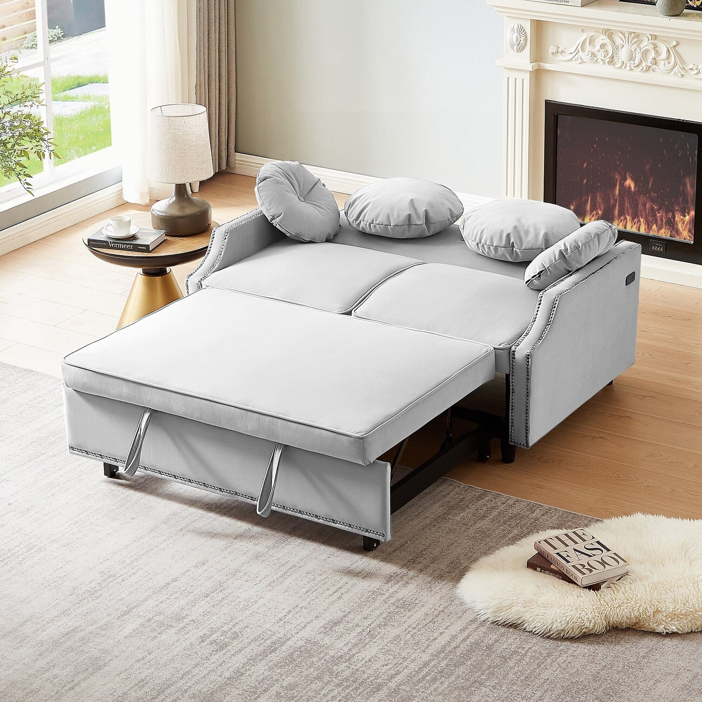 Light Grey Polyester Loveseat Adjustable Sofa Bed with USB Ports
