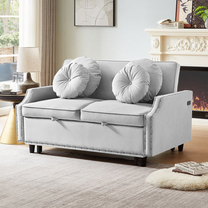 Light Grey Polyester Loveseat Adjustable Sofa Bed with USB Ports