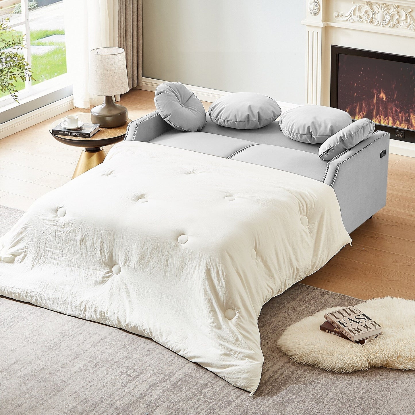 Light Grey Polyester Loveseat Adjustable Sofa Bed with USB Ports