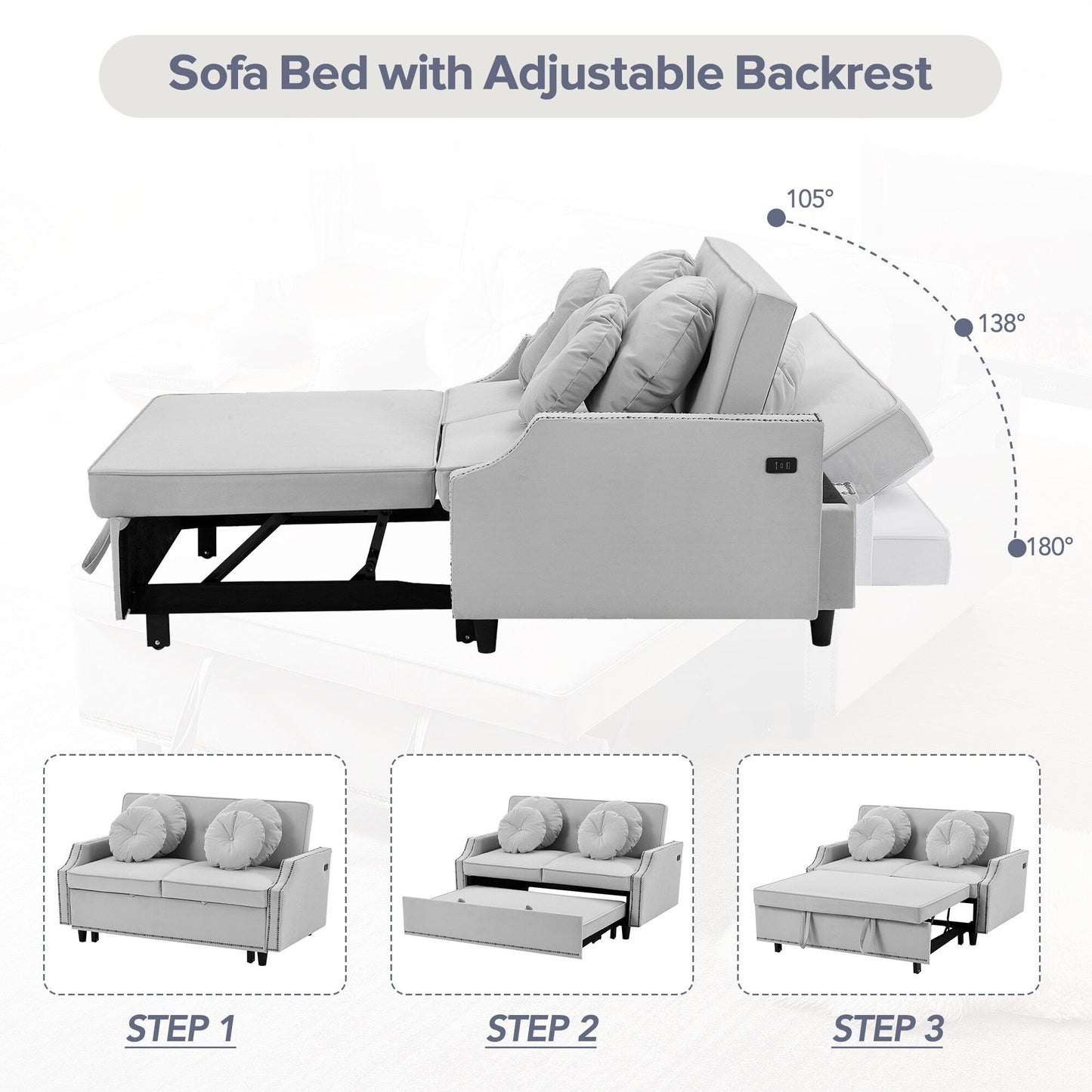 Light Grey Polyester Loveseat Adjustable Sofa Bed with USB Ports