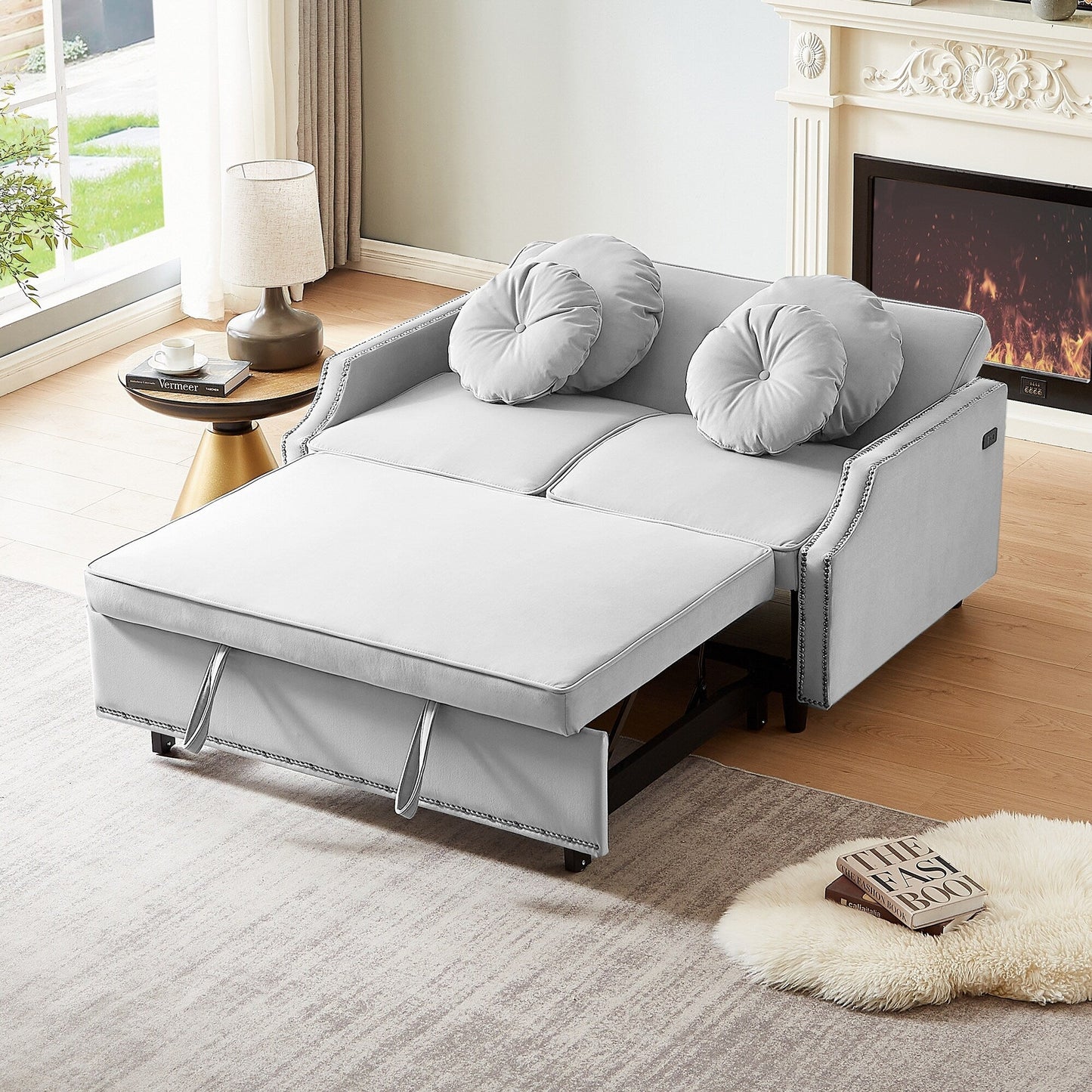 Light Grey Polyester Loveseat Adjustable Sofa Bed with USB Ports