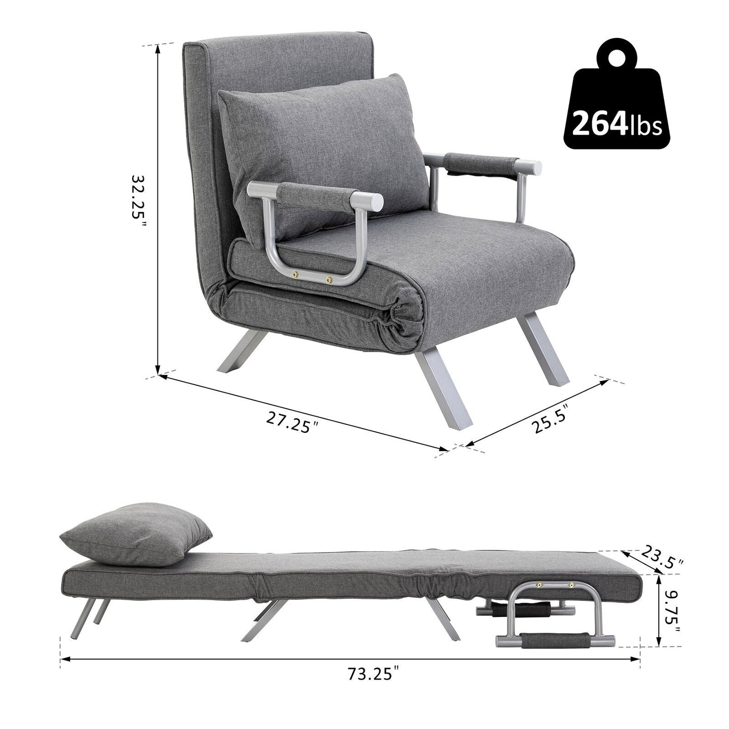 Light Grey Single Folding 5-Position Convertible Sofa Bed