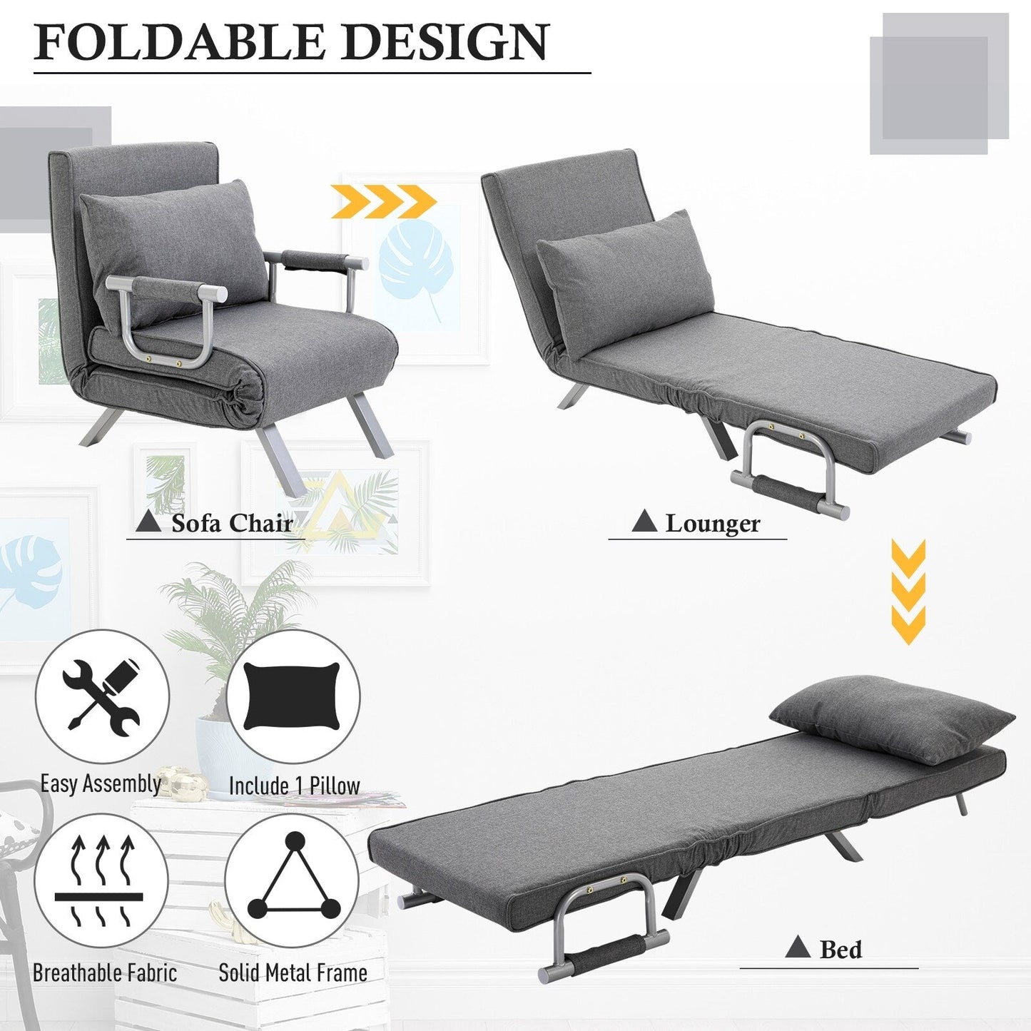 Light Grey Single Folding 5-Position Convertible Sofa Bed