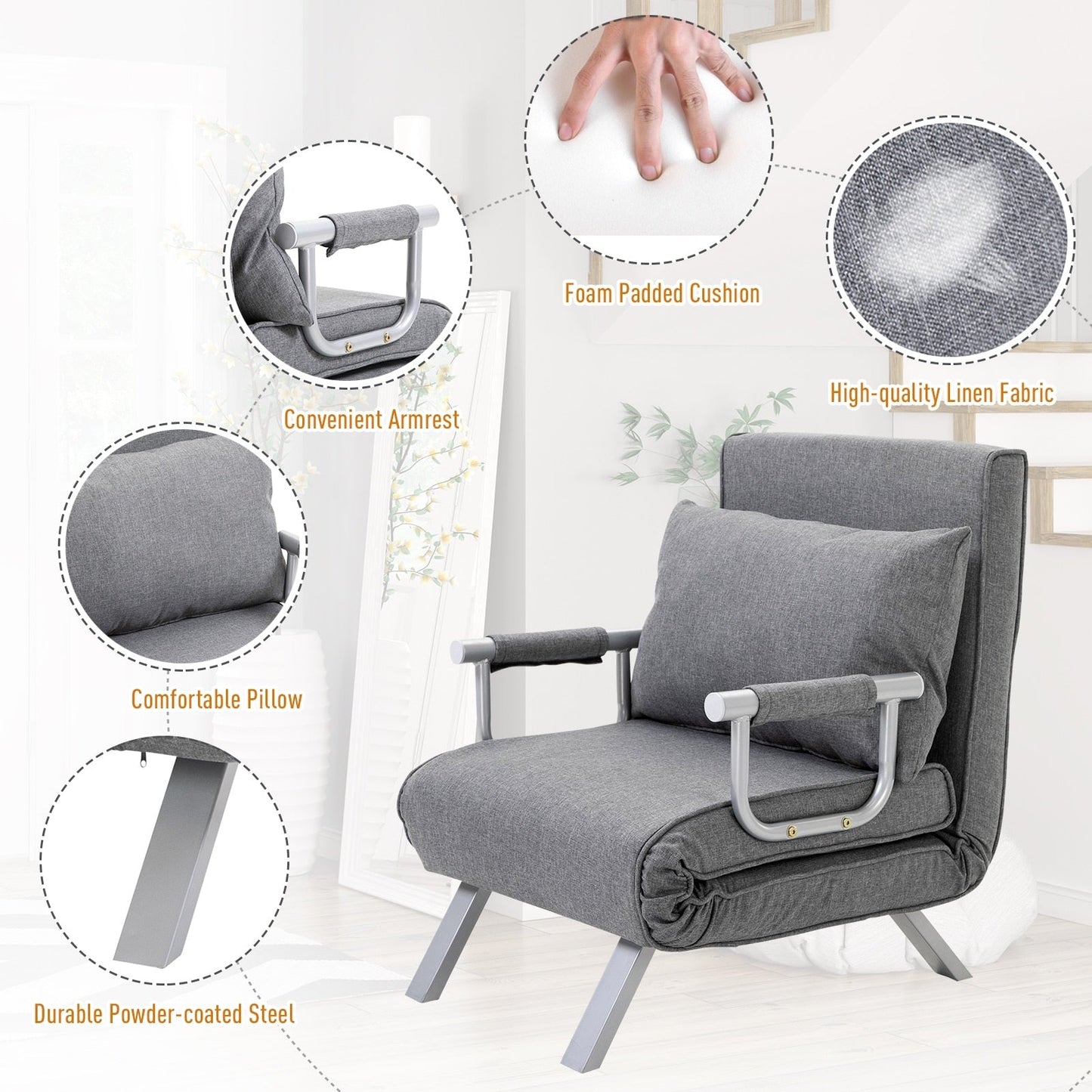 Light Grey Single Folding 5-Position Convertible Sofa Bed