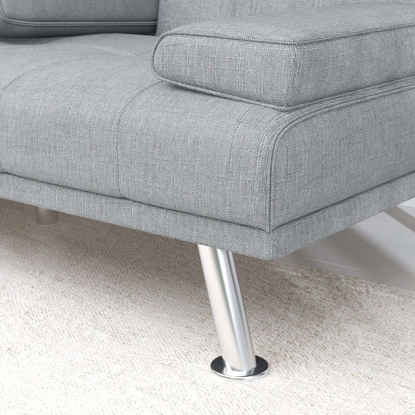 Light Grey Upholstered 66 Loveseat Sofa Bed with 2 Cup Holders and Stainless Legs for Living Room