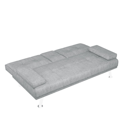 Light Grey Upholstered 66 Loveseat Sofa Bed with 2 Cup Holders and Stainless Legs for Living Room