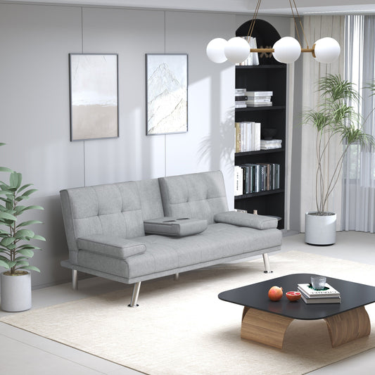 Light Grey Upholstered Loveseat Sofa Bed with Cup Holders