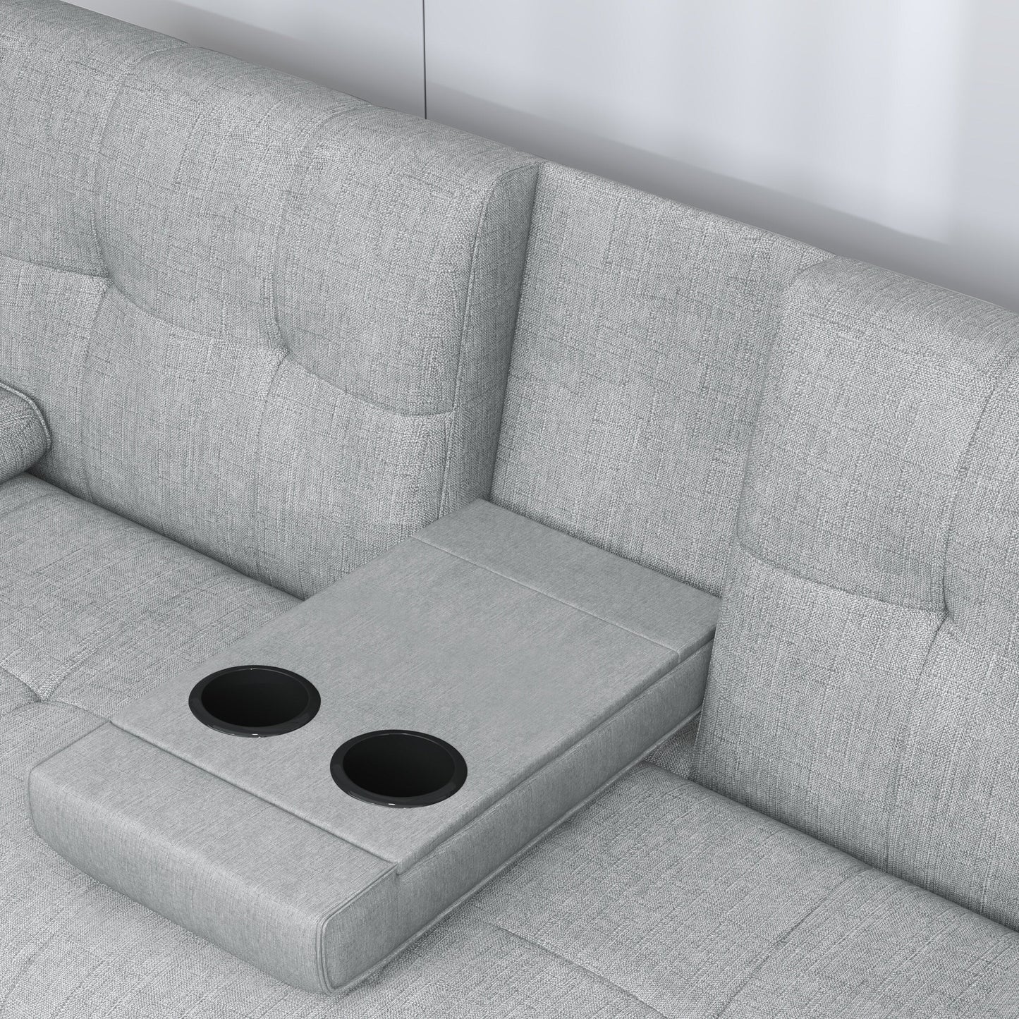 Light Grey Upholstered Loveseat Sofa Bed with Cup Holders