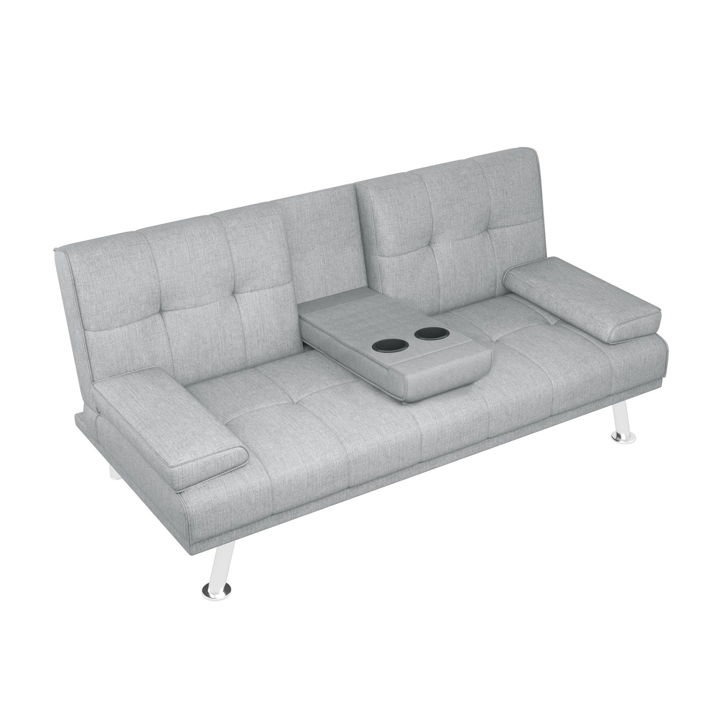 Light Grey Upholstered Loveseat Sofa Bed with Cup Holders