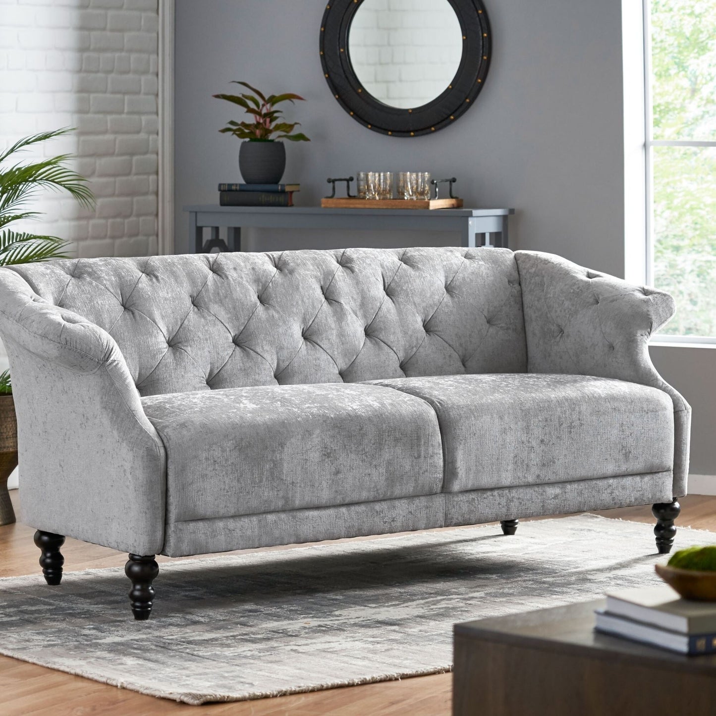 Light Grey Velvet Loveseat Flared Arms Tufted Sofa with Deep Seat