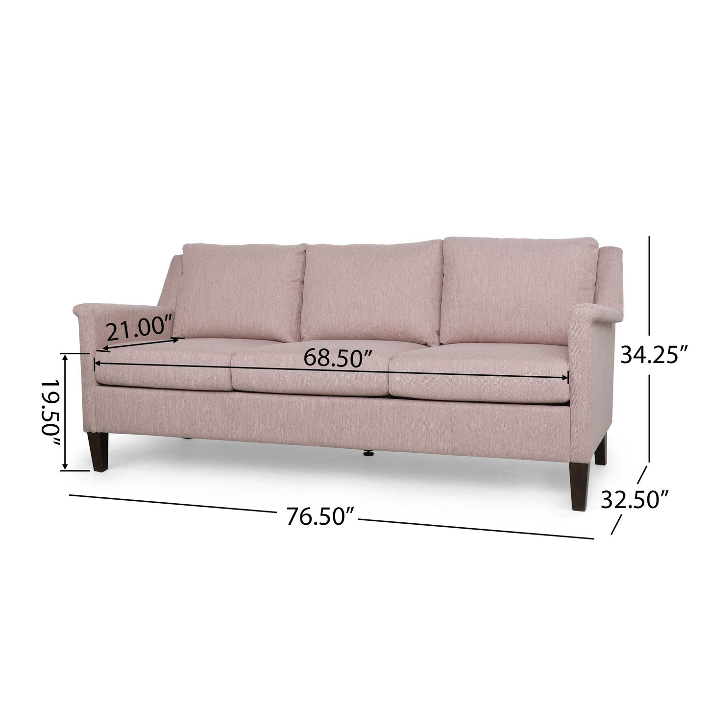 Light Pink Modern 76.5 3-seater Sofa with Birch Wood Legs and Plush Seating for Living Room