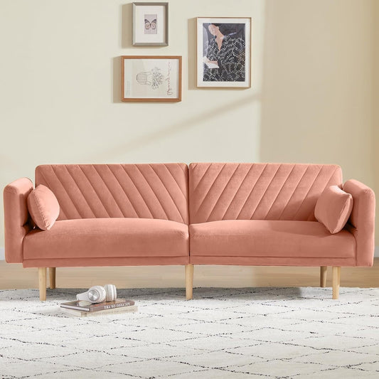 Light Pink Modern 78 Loveseat Futon Convertible Sofa Bed with 2 Pillows and Backrest for Living Room