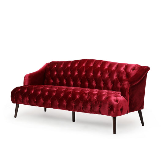 Lilah Sofa, Button Tufted Diamond Stitch, Soft Red Wine Velvet, 73 Inch