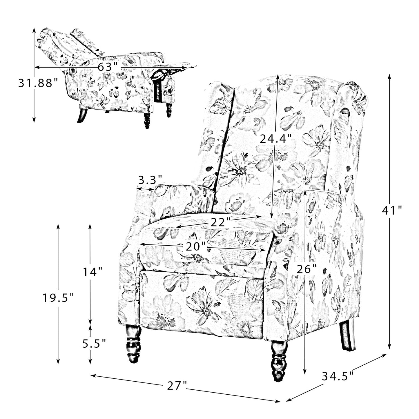 Damaris Mid-Century Modern Manual Pushback Recliner with Wingback Design by HULALA HOME
