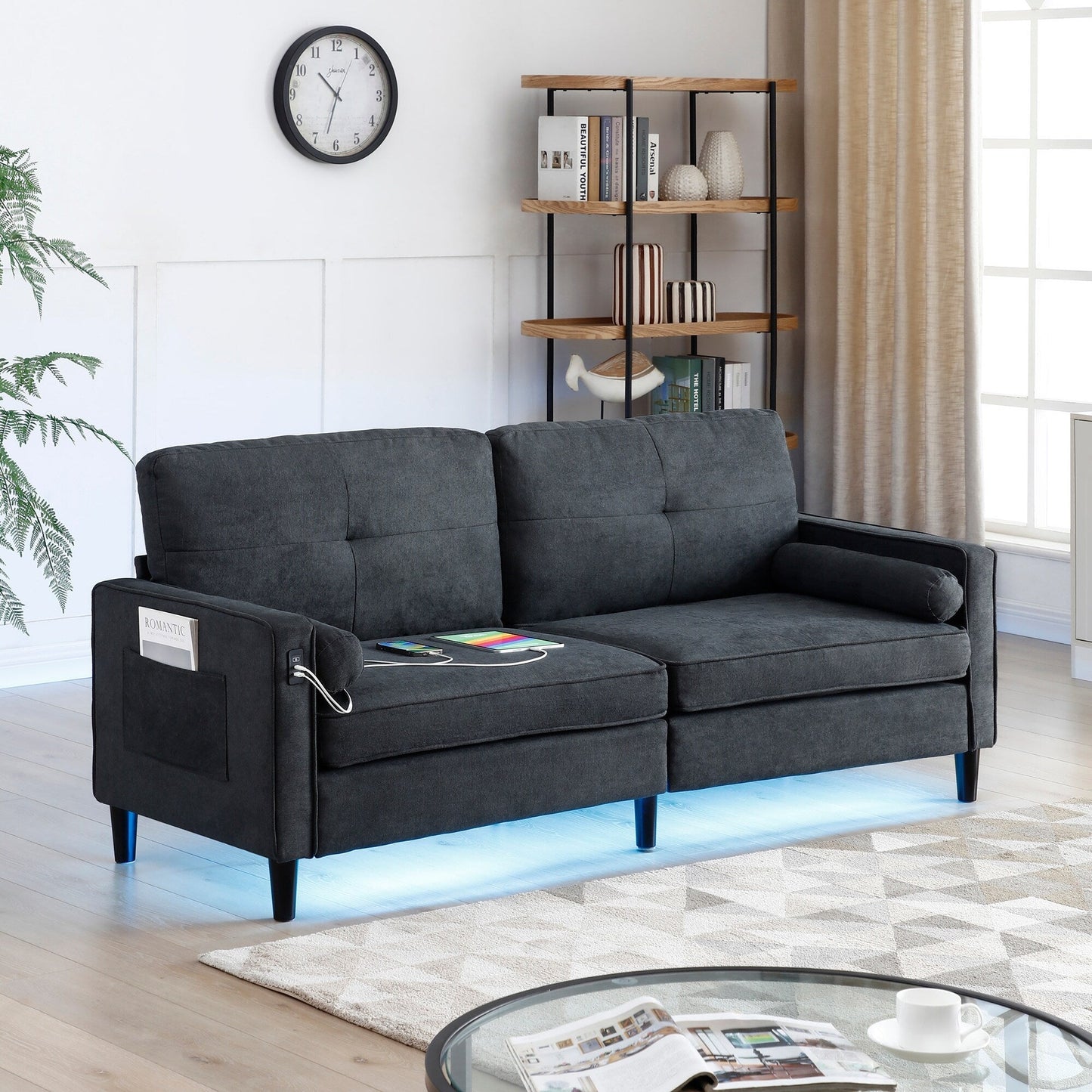Linen 3-seater Sofa with LED Lights and USB Ports