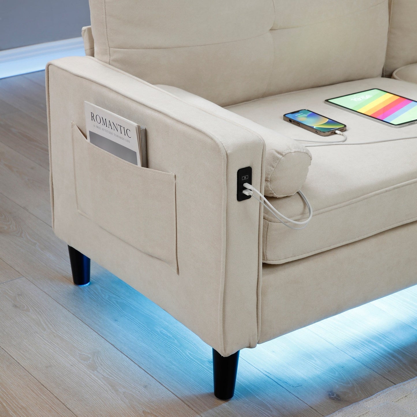 Linen 3-seater Sofa with LED Lights and USB Ports