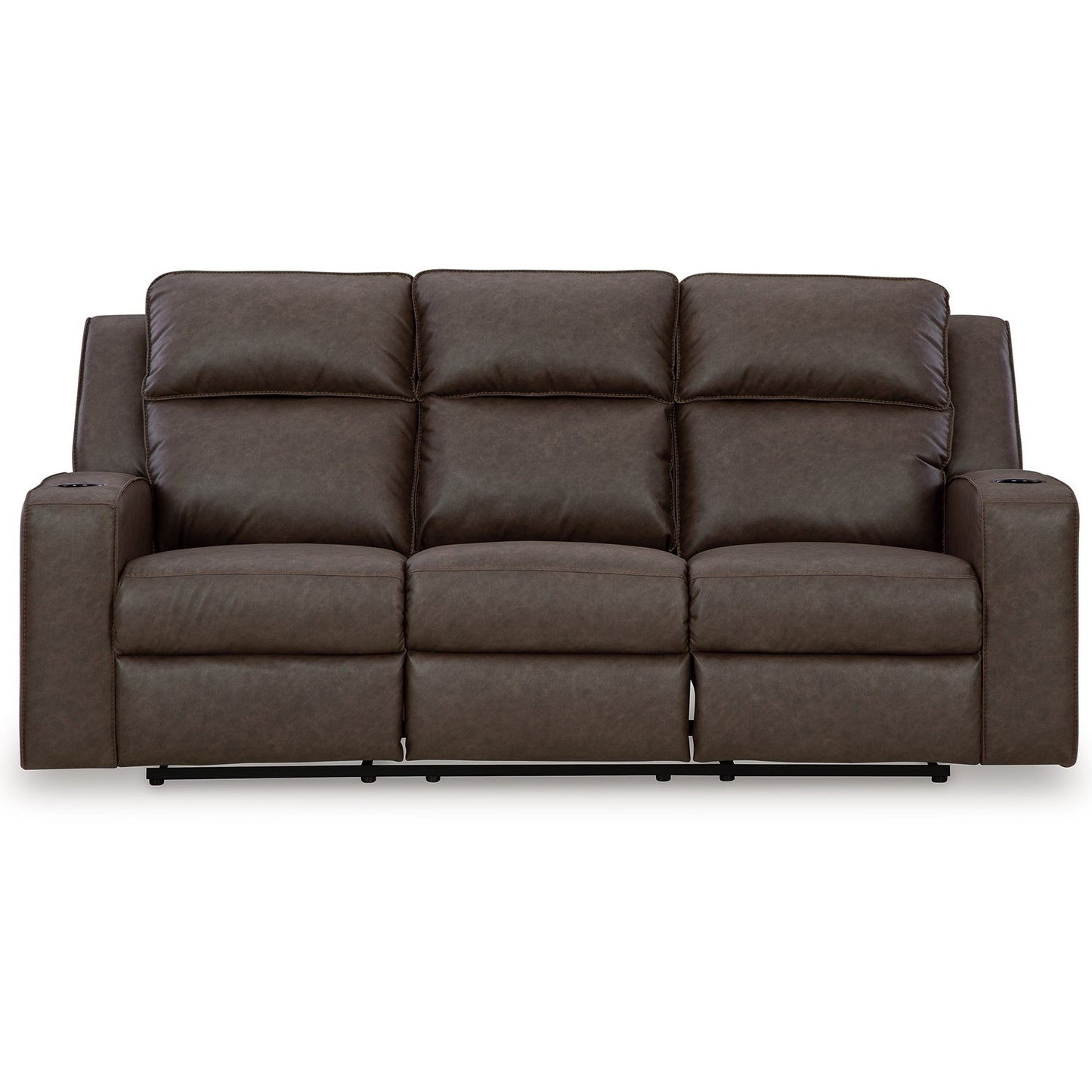 Livie Manual Recliner Sofa, USB, Table 87in Brown Gray Faux Leather