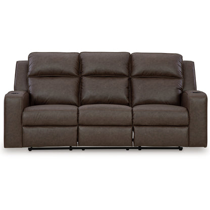 Livie Manual Recliner Sofa, USB, Table 87in Brown Gray Faux Leather