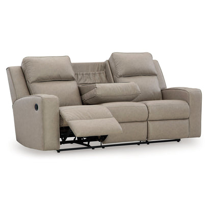 Livie Manual Recliner Sofa, USB, Table, 87in Beige Gray Faux Leather
