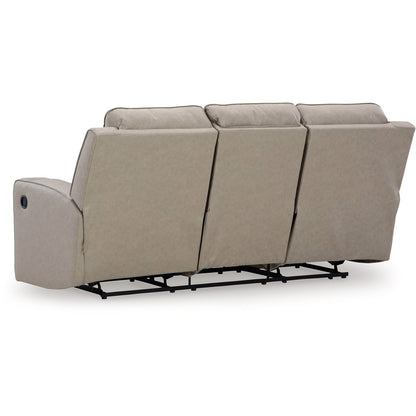 Livie Manual Recliner Sofa, USB, Table, 87in Beige Gray Faux Leather
