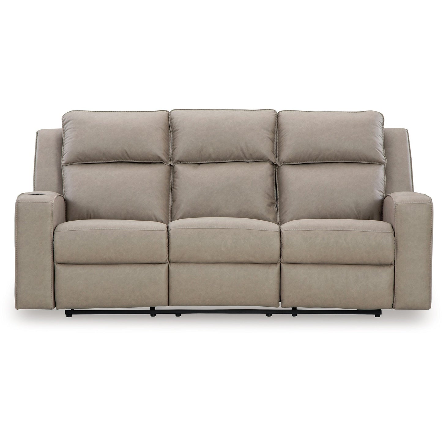 Livie Manual Recliner Sofa, USB, Table, 87in Beige Gray Faux Leather