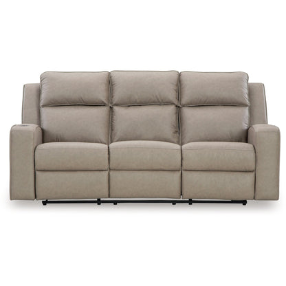 Livie Manual Recliner Sofa, USB, Table, 87in Beige Gray Faux Leather