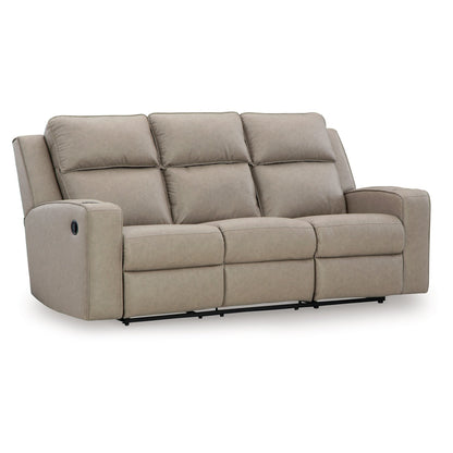 Livie Manual Recliner Sofa, USB, Table, 87in Beige Gray Faux Leather
