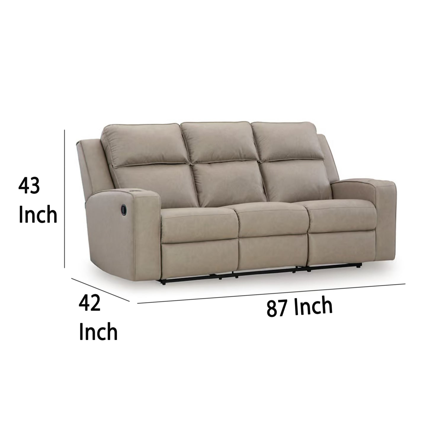 Livie Manual Recliner Sofa, USB, Table, 87in Beige Gray Faux Leather