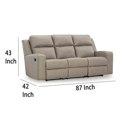 Livie Manual Recliner Sofa, USB, Table, 87in Beige Gray Faux Leather