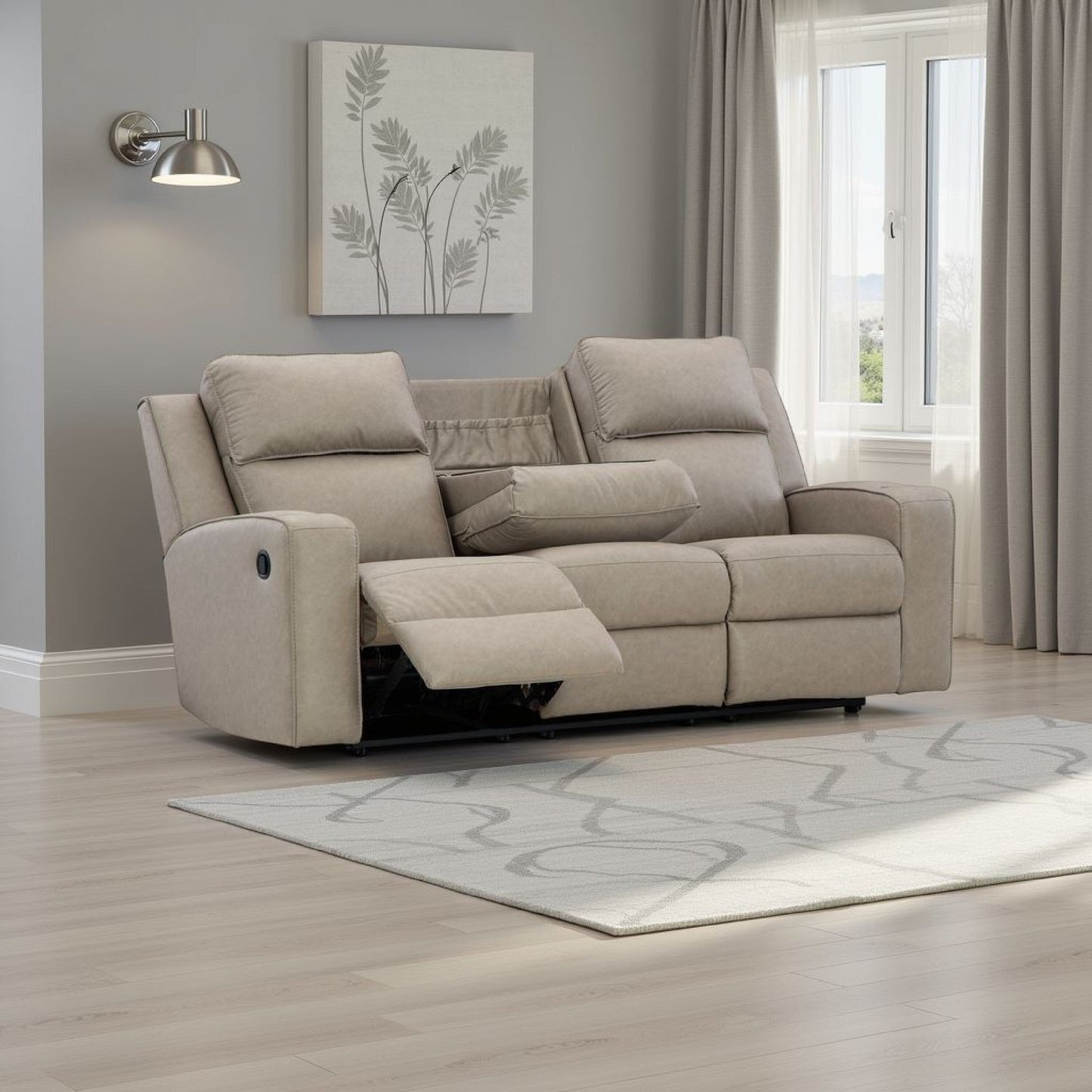 Livie Manual Recliner Sofa, USB, Table, 87in Beige Gray Faux Leather