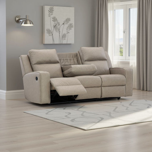 Livie Manual Recliner Sofa, USB, Table, 87in Beige Gray Faux Leather
