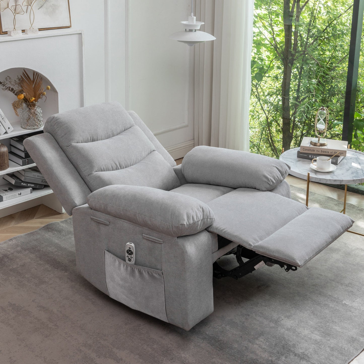 Living Room Single Reclining Sofa, Power Lift Velvet Recliner with Adjustable Massage and Heat & Side Pocket, Infinite Position