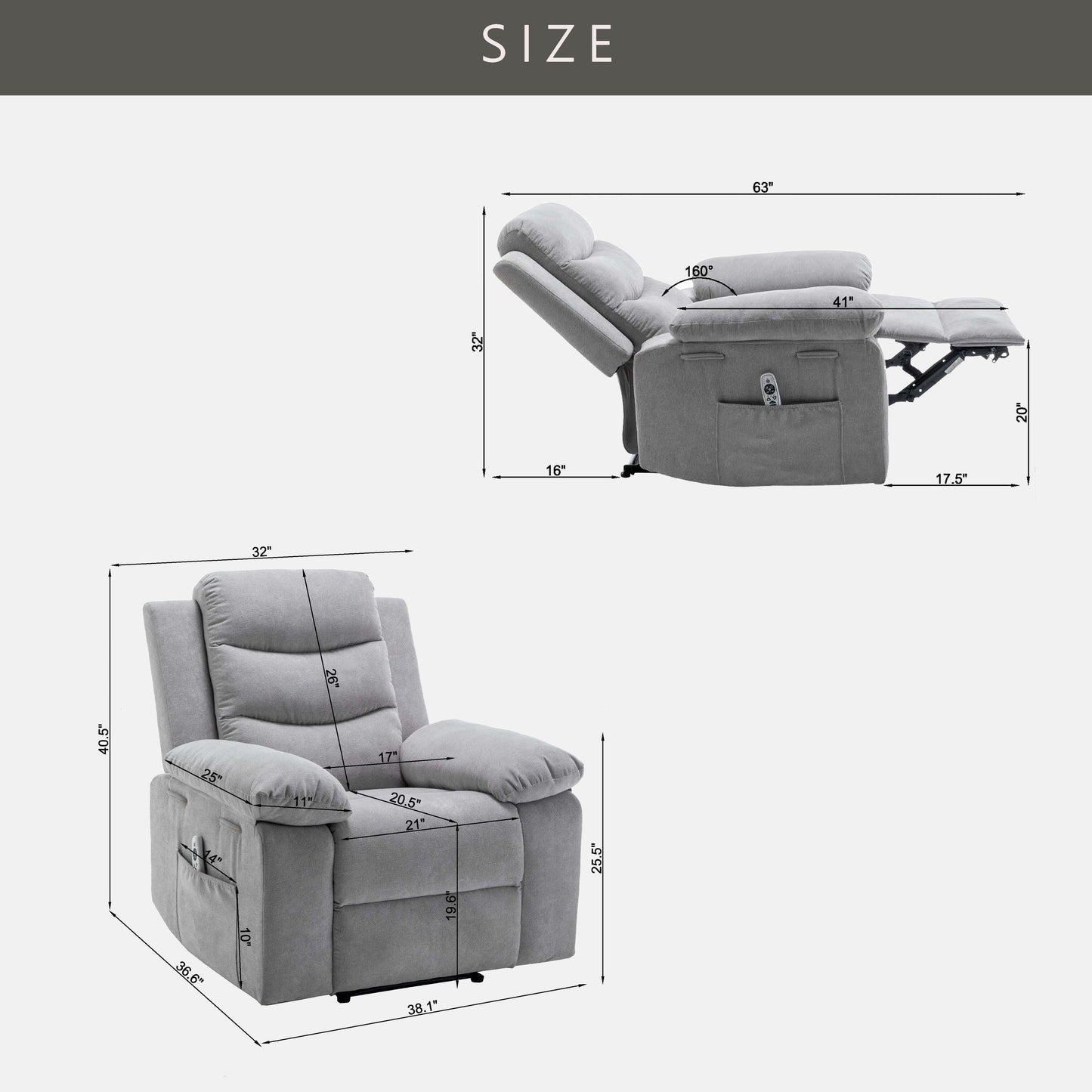 Living Room Single Reclining Sofa, Power Lift Velvet Recliner with Adjustable Massage and Heat & Side Pocket, Infinite Position