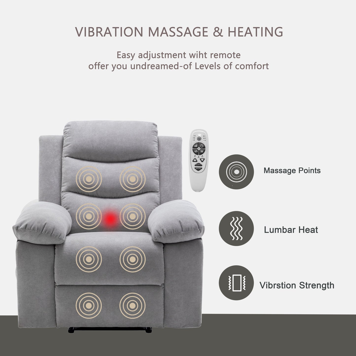 Living Room Single Reclining Sofa, Power Lift Velvet Recliner with Adjustable Massage and Heat & Side Pocket, Infinite Position