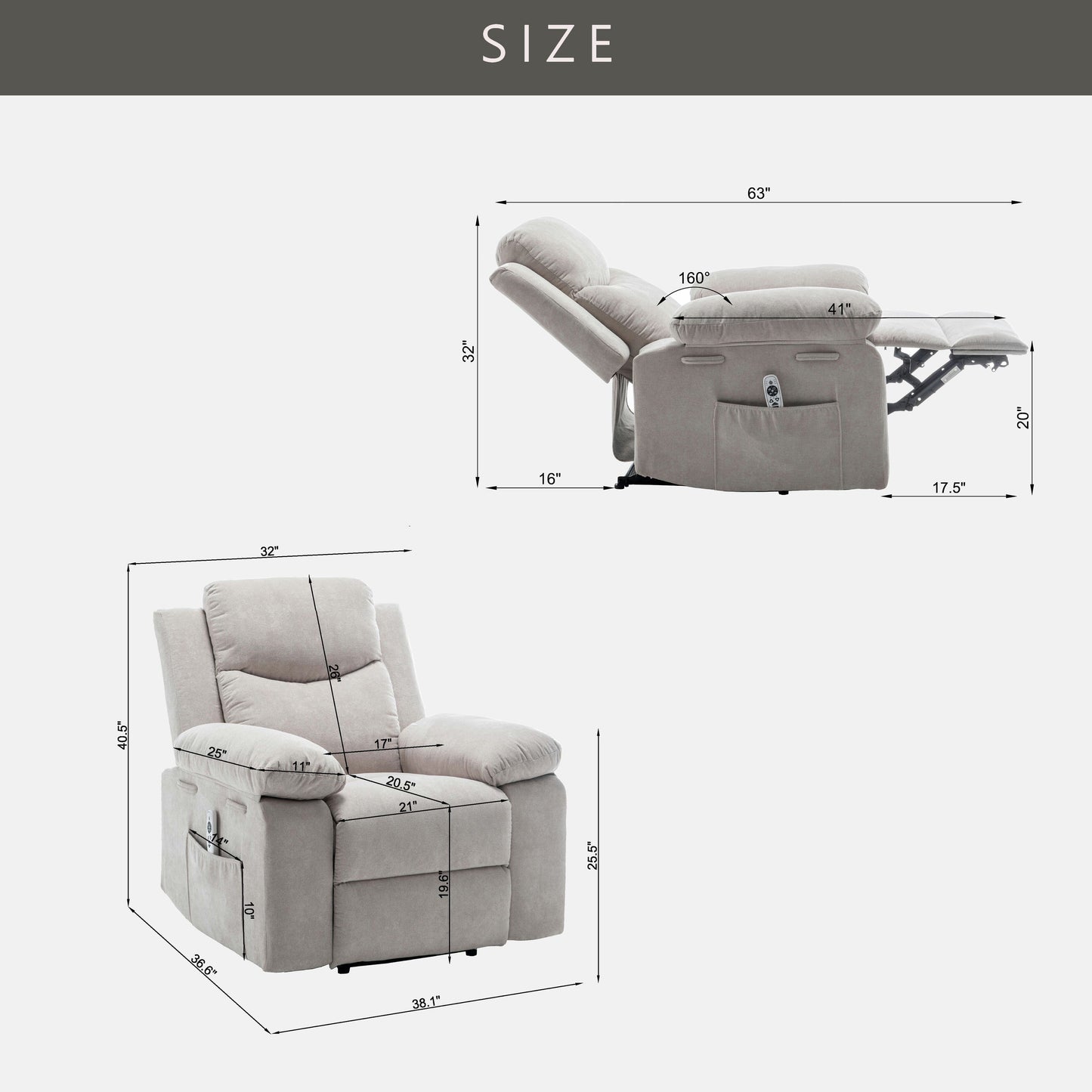 Living Room Single Reclining Sofa, Power Lift Velvet Recliner with Adjustable Massage and Heat & Side Pocket, Infinite Position