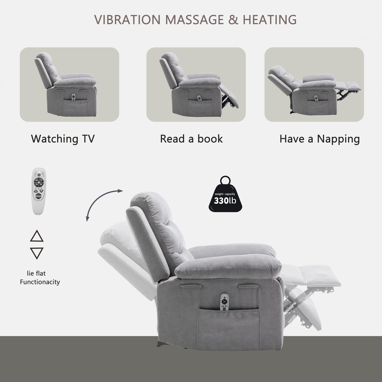 Living Room Single Reclining Sofa, Power Lift Velvet Recliner with Adjustable Massage and Heat & Side Pocket, Infinite Position