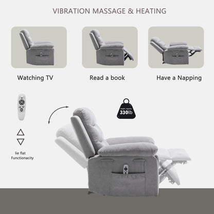 Living Room Single Reclining Sofa, Power Lift Velvet Recliner with Adjustable Massage and Heat & Side Pocket, Infinite Position