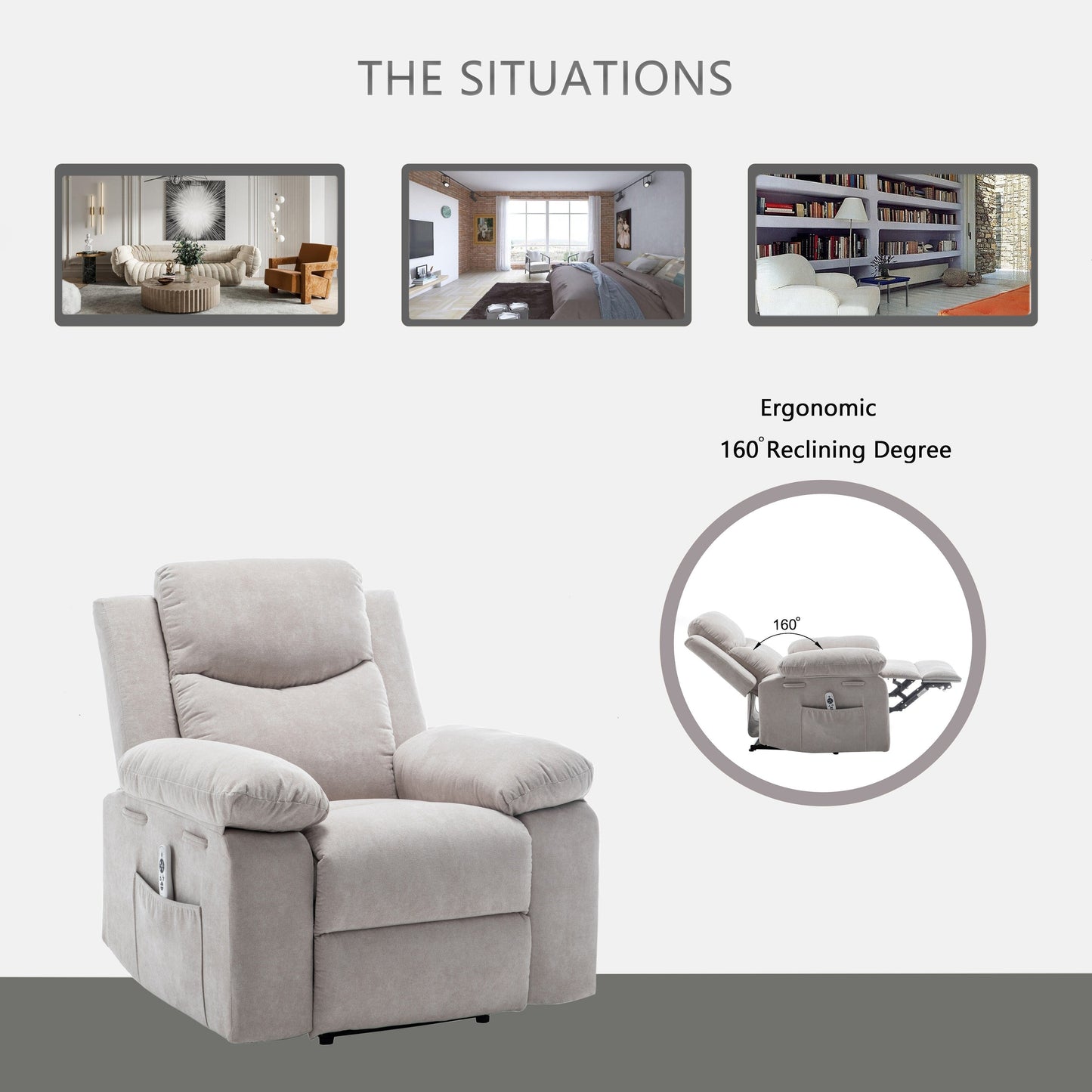 Living Room Single Reclining Sofa, Power Lift Velvet Recliner with Adjustable Massage and Heat & Side Pocket, Infinite Position